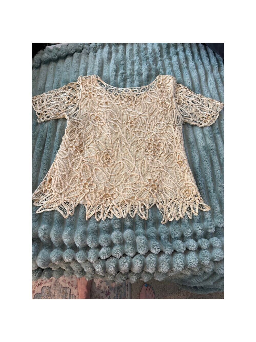 SilkenPoetry 100% Silk Handcrafted Beige Floral Lace Top Size M